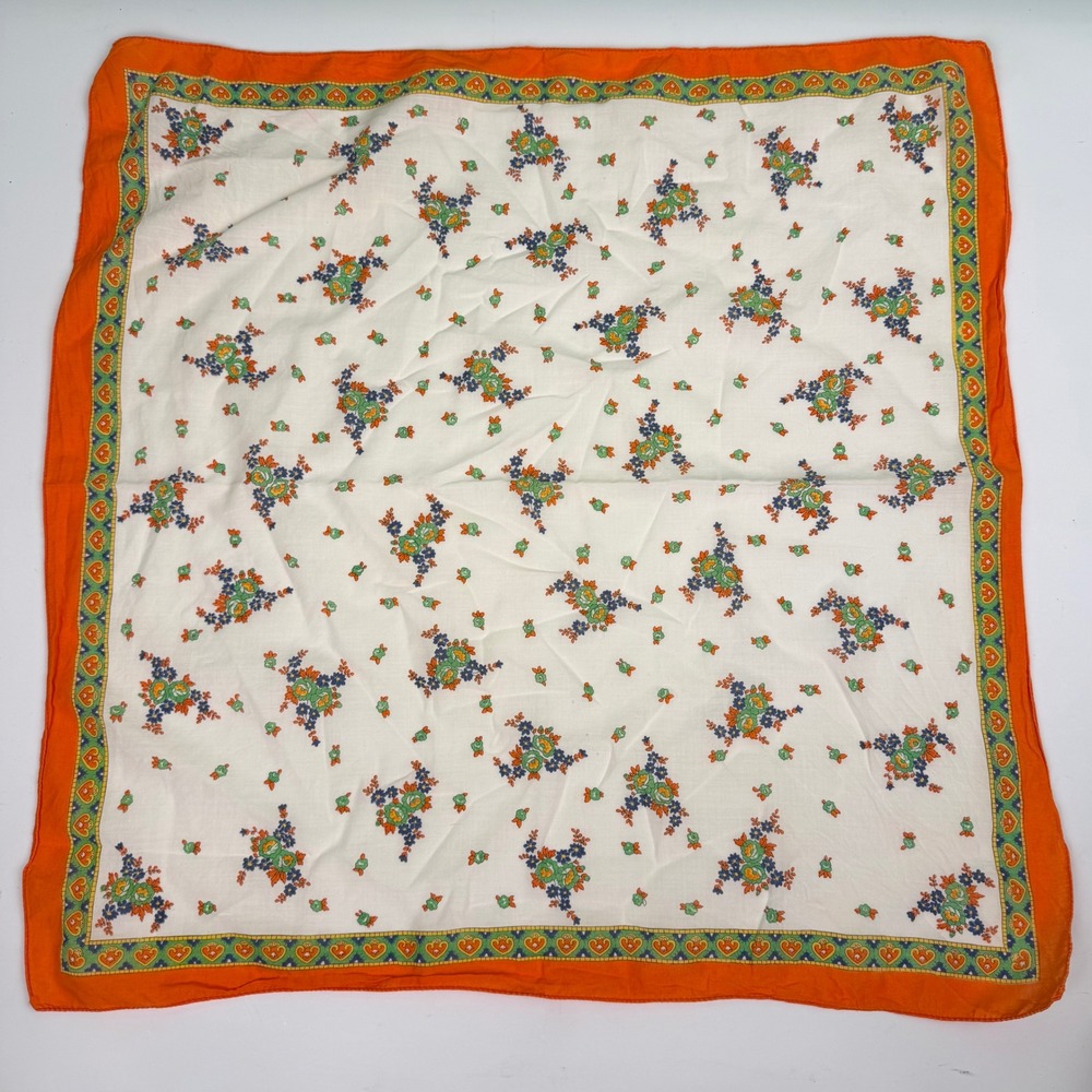Scarf Orange Border Floral Print Multi Color Accent Vintage 23" Square Accessory